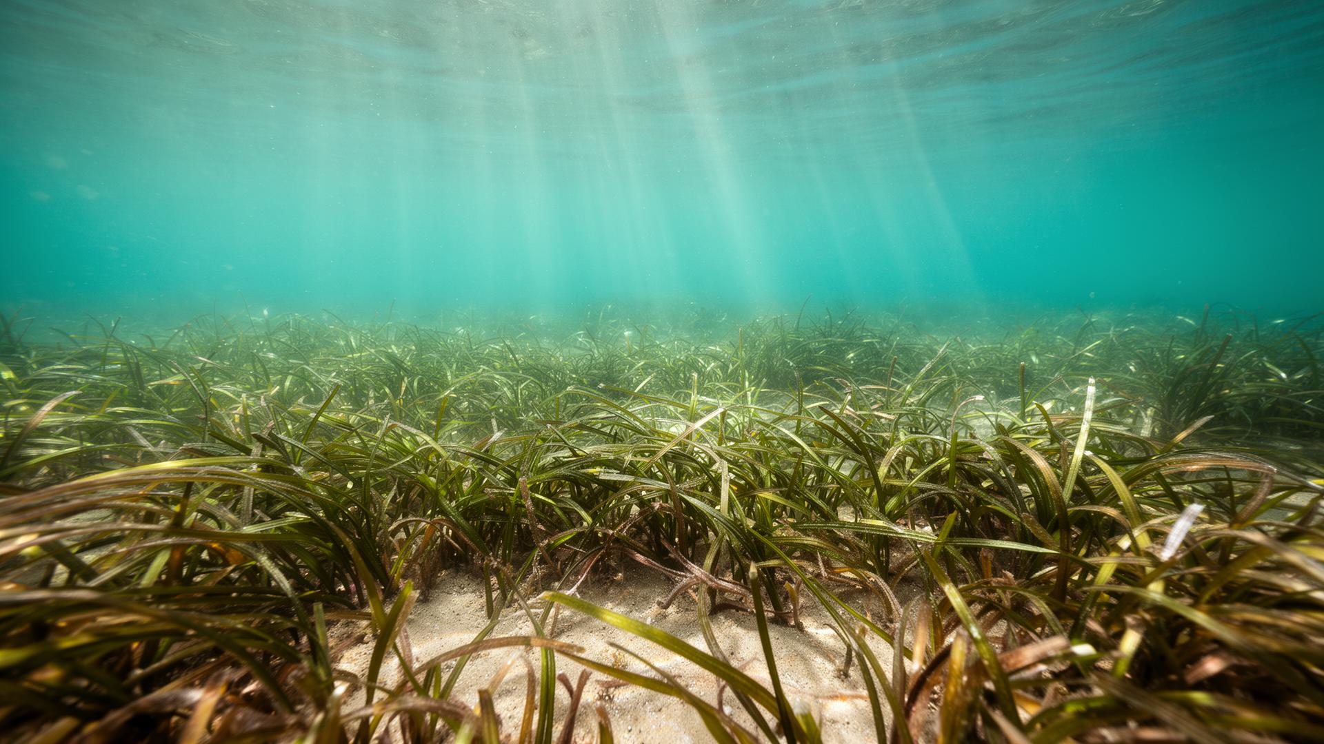 Sunlit Mediterranean Posidonia seagrass meadow over a sandy seabed
